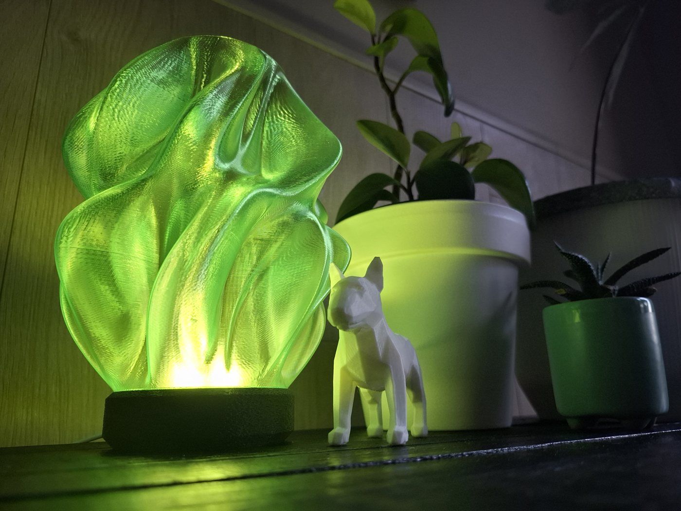 Ember lamp lit at dusk